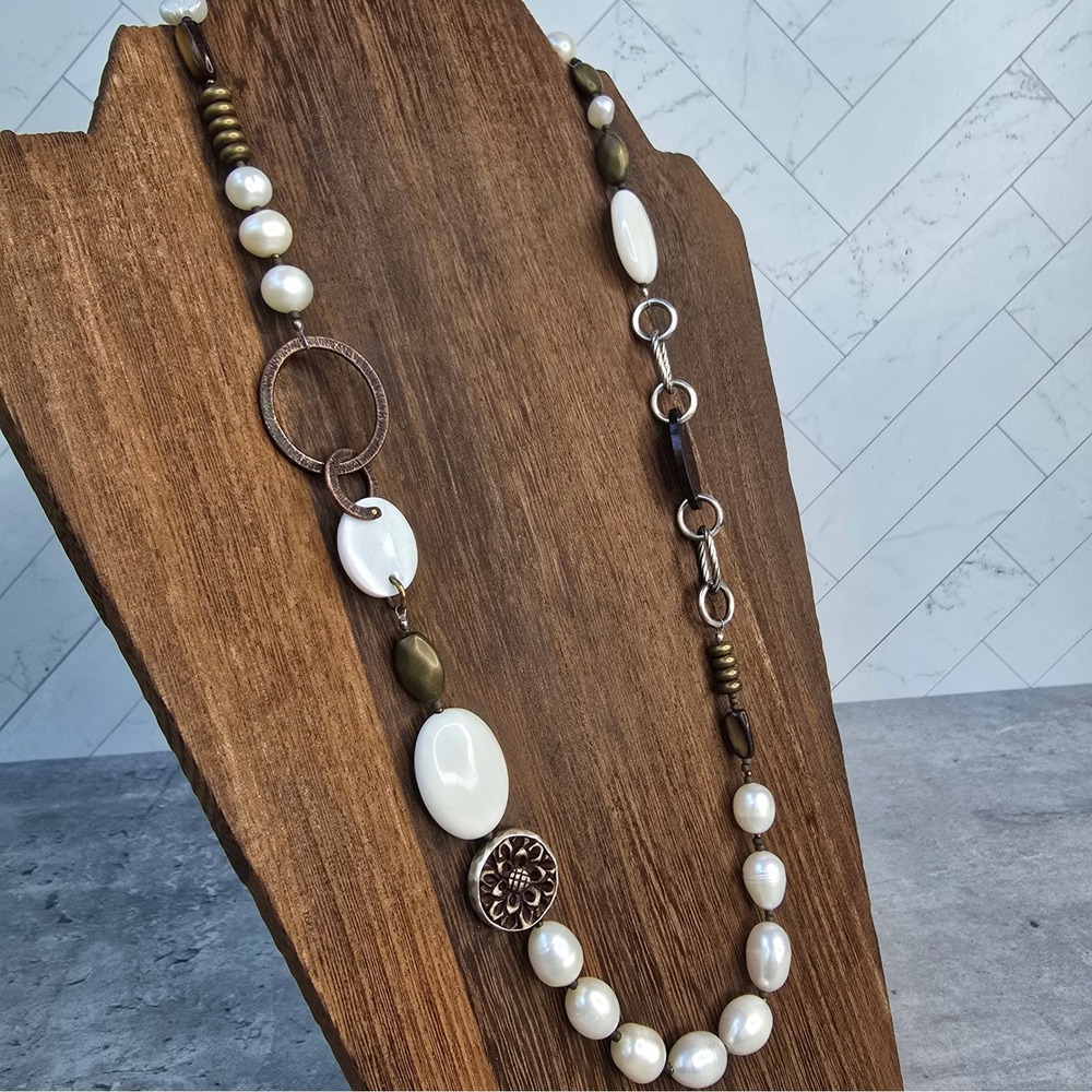 Silpada Retired Mixed Media Necklace Freshwater Pearl Shell Bronze 24 Inch - Picture 3 of 9